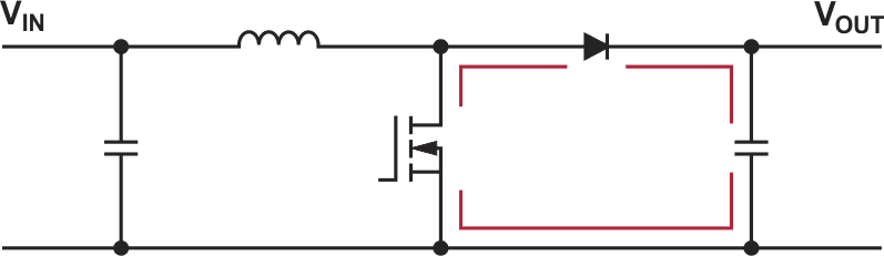 A schematic of a step-up switching regulator and paths with rapidly changing currents shown in red.