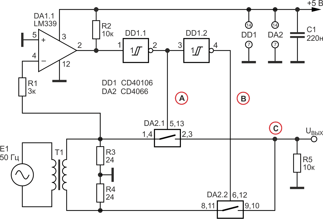 Прецизионный выпрямитель с использованием микросхем LM339, CD40106 и CD4066.