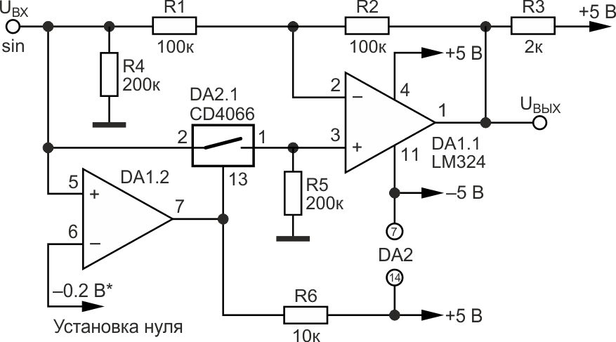 Прецизионный выпрямитель с использованием микросхем LM324 и CD4066.