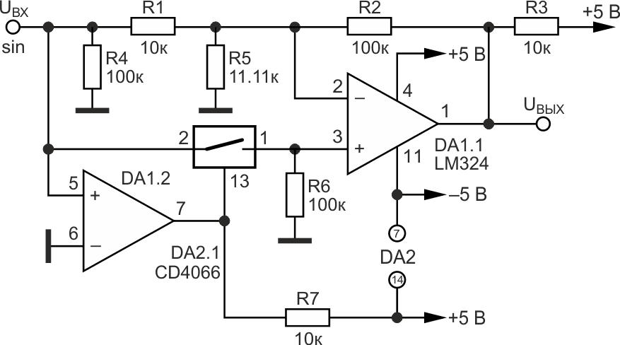 Вариант схемы прецизионного выпрямителя с использованием микросхем LM324 и CD4066.