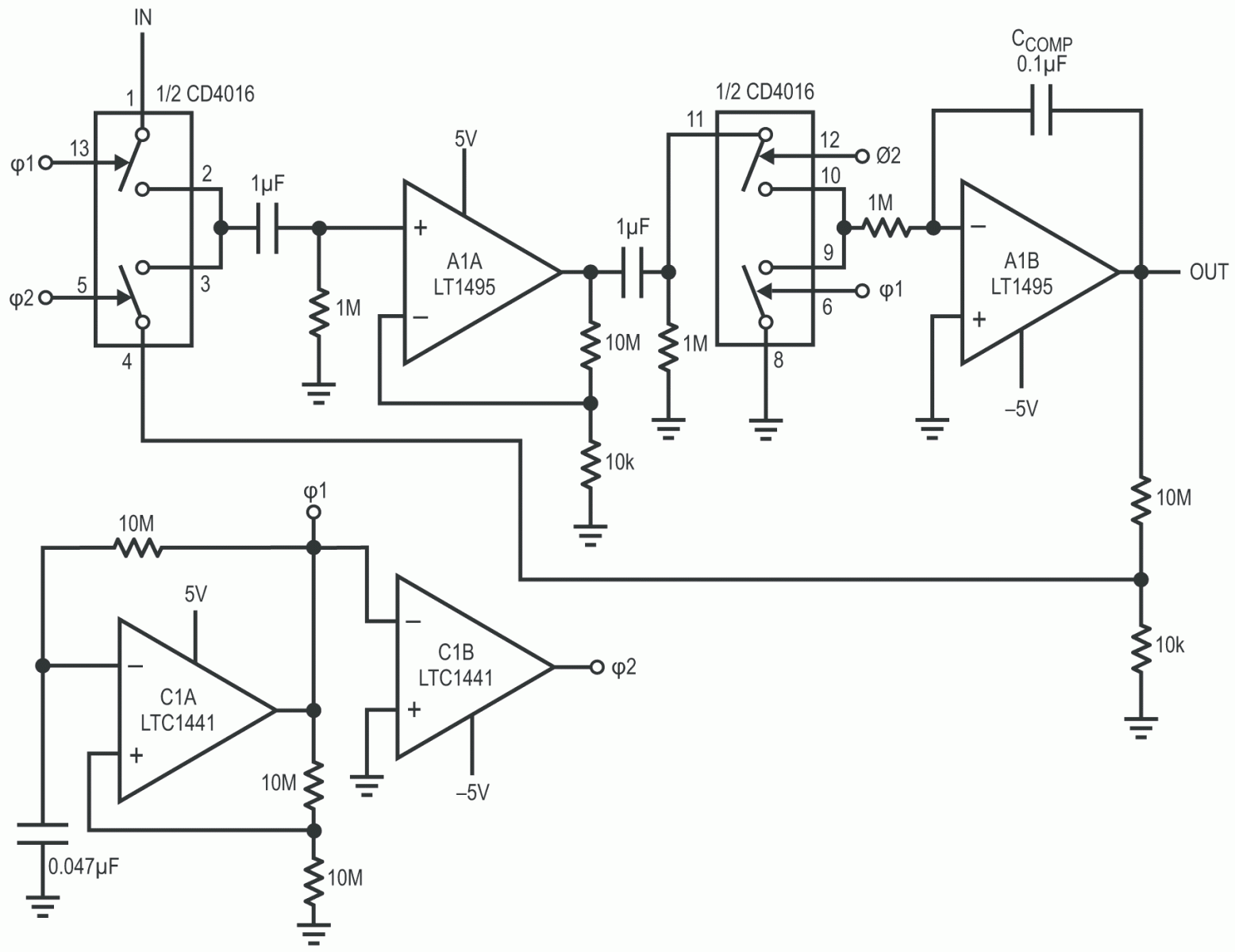 0.05 µV/°C chopped amplifier requires only 5 µA supply current.