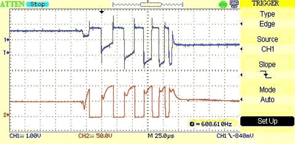 The squegging repeated every few milliseconds. VIN is -48 V. Blue is Q1 base; red is Q1 collector; ground is Q1 emitter.