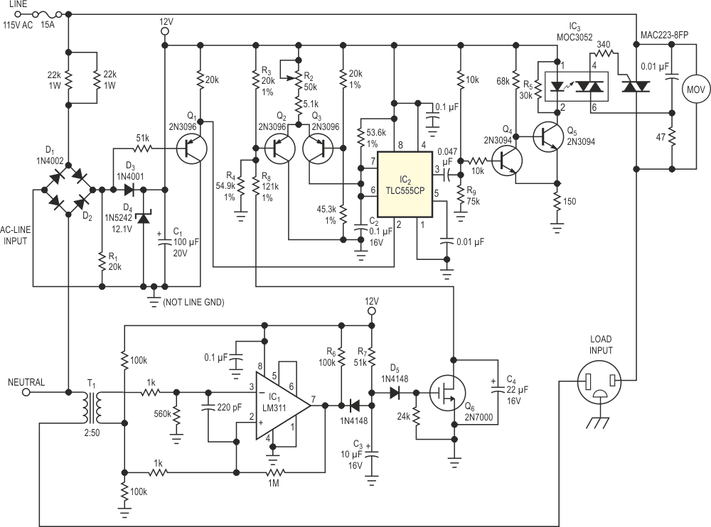 This soft-start circuit protects the load from large inrush currents.