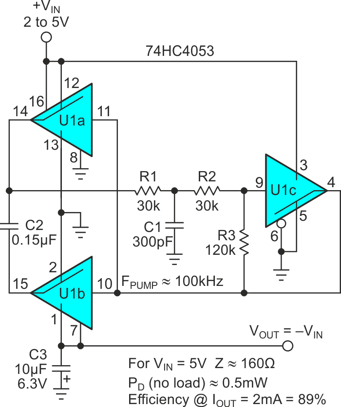 The generic and versatile xx4053 provides the basis for a cheap, efficient, and accurate voltage inverter.