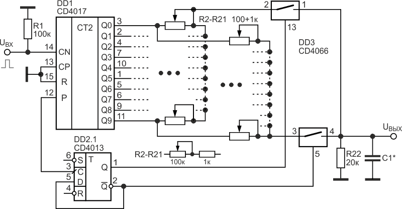 Электрическая схема формирователя периодических функций электрических сигналов произвольной формы по 20 точкам.