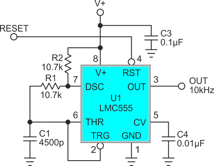 Typical gated (via RESET pin) 555 astable multivibrator.