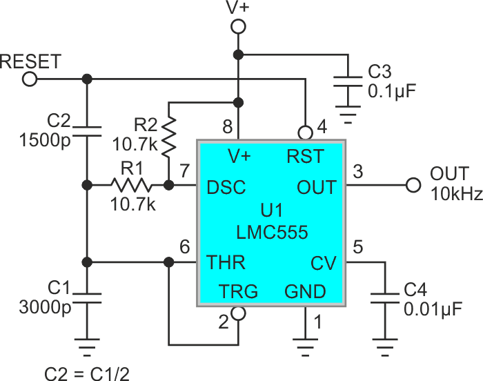 Added timing capacitor C2 immediately precharges C1 to V+/3 trigger level when RESET returns high normalizing the duration of the first oscillation cycle.