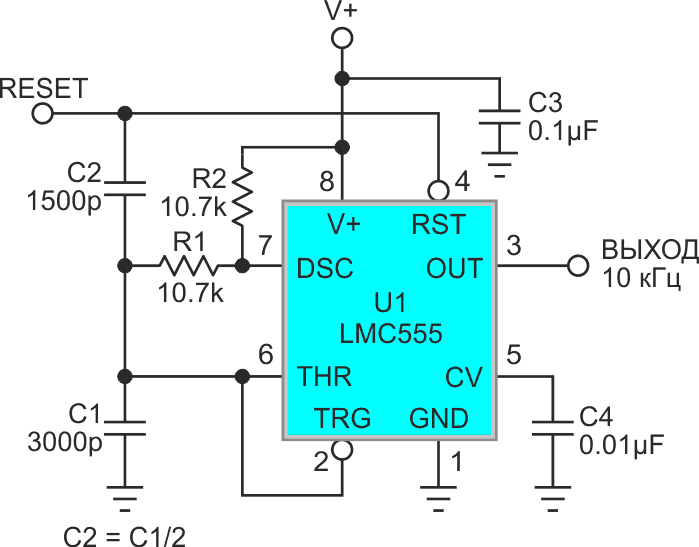 При возвращении высокого уровня сигнала RESET добавленный времязадающий конденсатор C2 немедленно заряжает C1 до уровня переключения V+/3, нормализуя длительность первого периода колебаний.