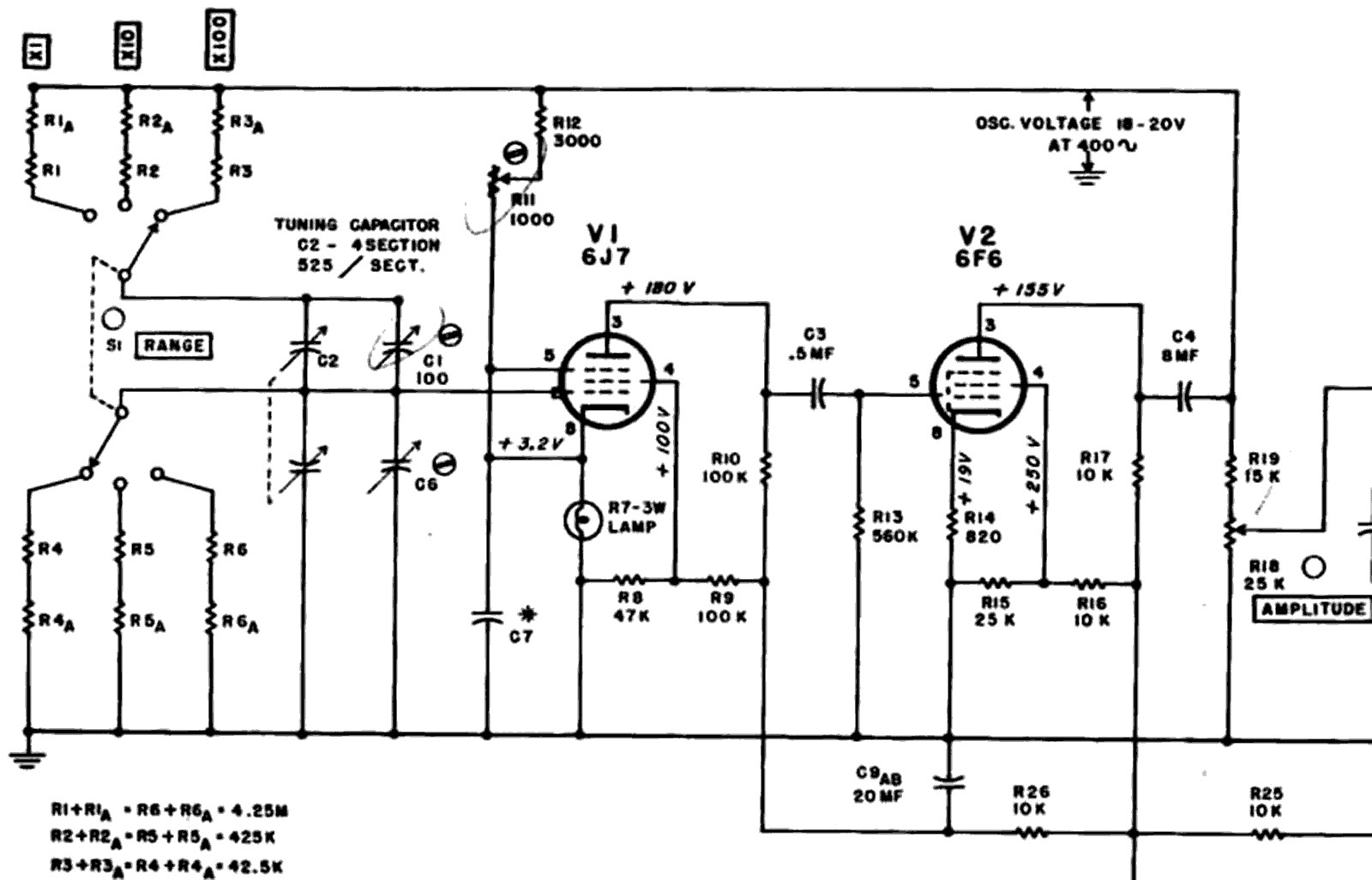 Partial schematic of the Model 200A. Lamp R7 operated as a negative feedback element by thermally regulating the current to the cathode in V1.