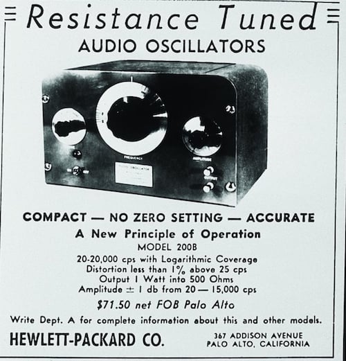 HP's first ad for the Model 200B, which was sold to Walt Disney Studios in 1939.