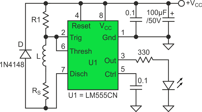 An astable 555 timer circuit based on an inductor, diode, and resistor.