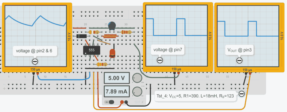 The simulated waveforms using Tinkercad (setting: 15 µs/div).