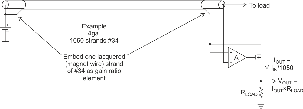 Temperature-compensated high current measurement using ratio'd cable.