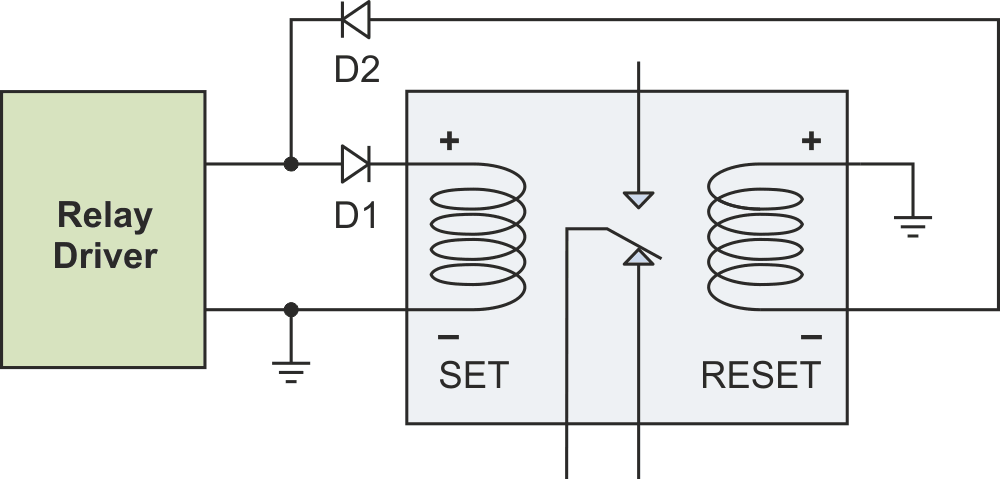 Diodes convert a single-coil relay driver to dual-coil use.