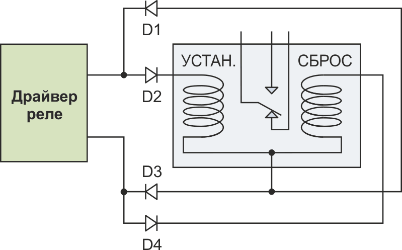 Когда катушки имеют общий вывод, для преобразования сигнала управления однообмоточным реле для управления реле с двумя катушками необходимы четыре диода.