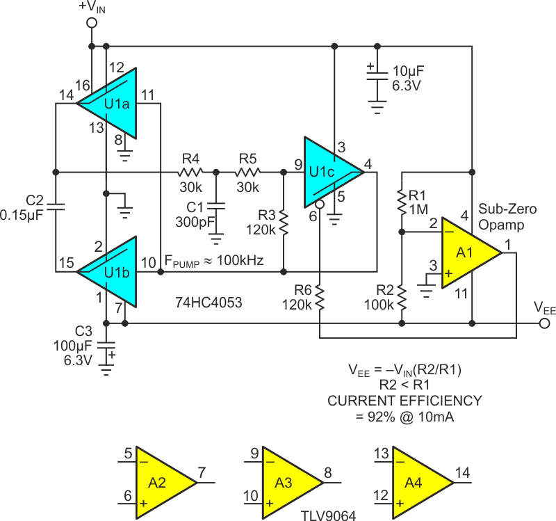 Sub-zero op-amp regulates charge pump inverter