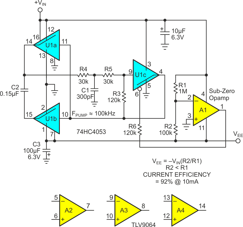 U1 makes an efficient charge pump voltage inverter with comparator op-amp A1 providing programmable regulation.