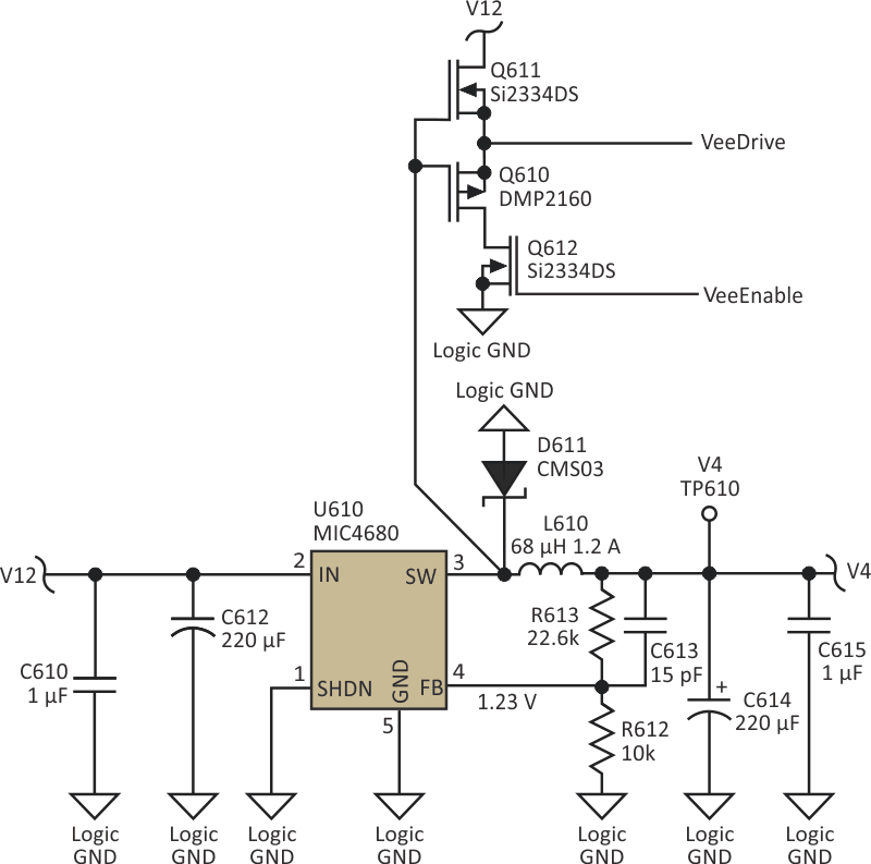 The 12-V downswitcher, which is already in the design, provides a square-wave to generate VeeDrive from V12 with about a 10-V swing.