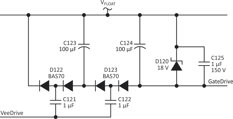The charge pump generates a robust supply that always tracks 15 V below VFLOAT, even if that voltage is below ground. The voltage also can be placed above VFLOAT by simply reversing the diodes and the polarized capacitors.