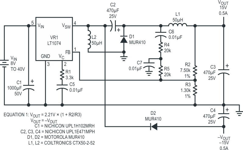 Switching regulator provides plusmn 15 output