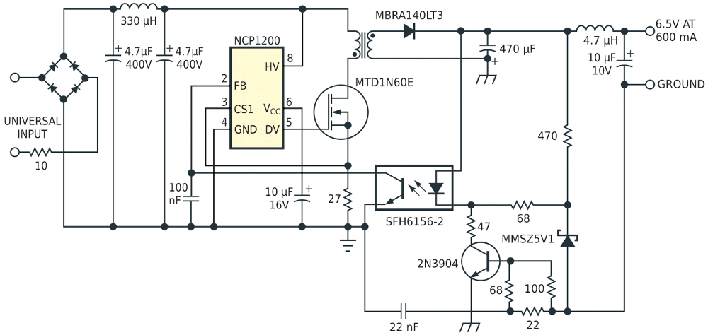 In this battery-charger circuit, the primary controllers operate without any auxiliary winding (a). Output-voltage runaway can damage the output capacitors if the condition lasts too long (b).