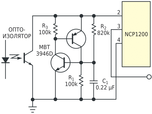 Используя сдвоенный n-p-n/p-n-p транзистор, можно сделать дешевый аналог тиристора (а). Когда тиристор срабатывает, импульсы прекращаются,  исключая возможность бесконтрольного роста напряжения (б).