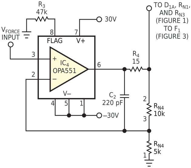 A gain-of-three high-voltage amplifier derives forcing voltages as high as ±22 V from voltages of ±7 V from test equipment.