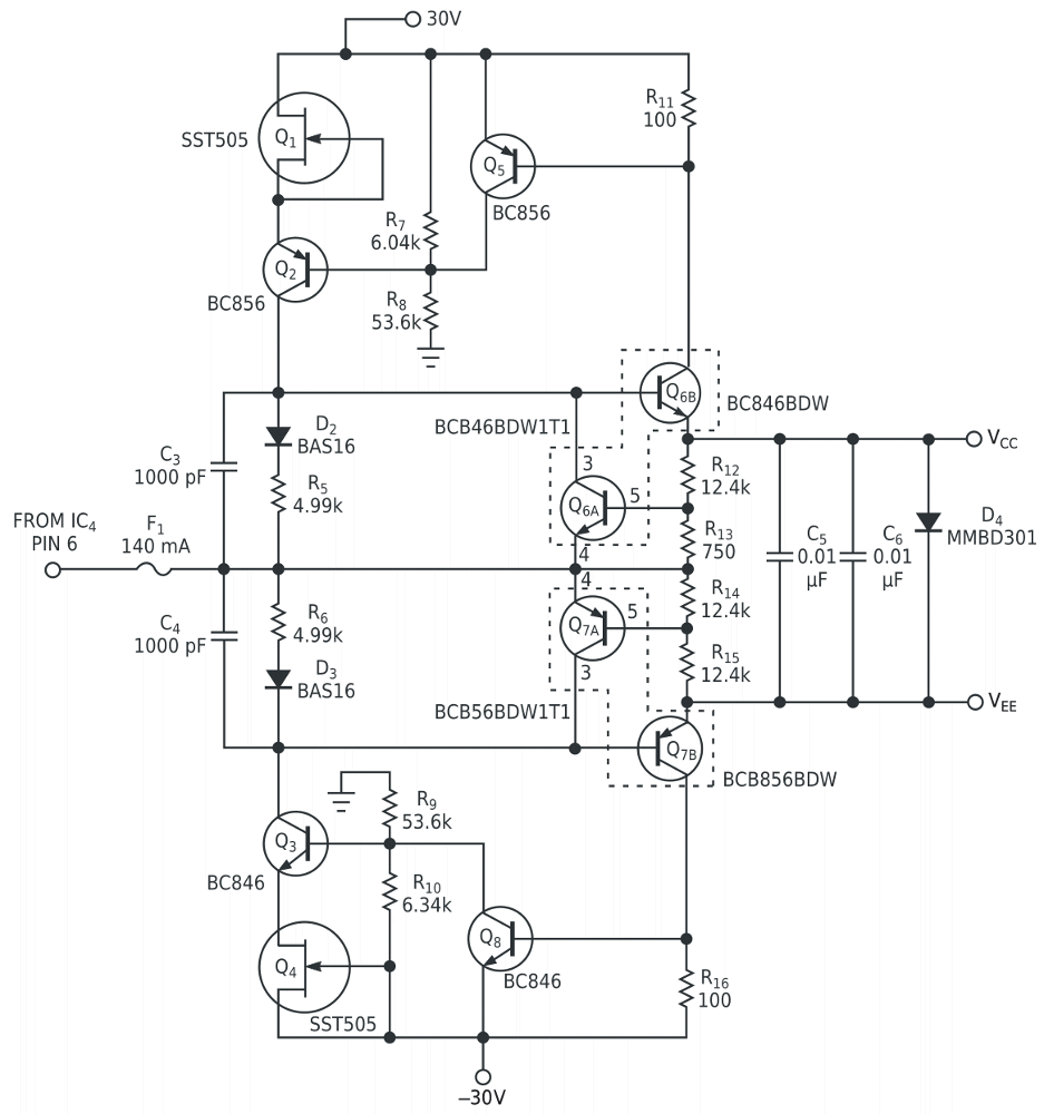 This floating-regulator circuit produces ±5 V floating-power-supply voltages VCC and VEE referenced to the test input's forcing voltage.
