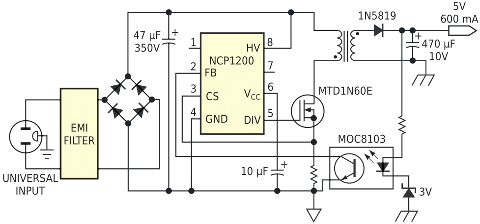 A controller IC implements a low parts-count offline power supply.