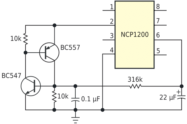 Два биполярных транзистора в тиристорной конфигурации образуют схему защитного отключения при перегреве.