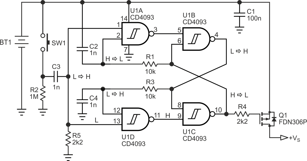 Latching switch designed to save battery power.