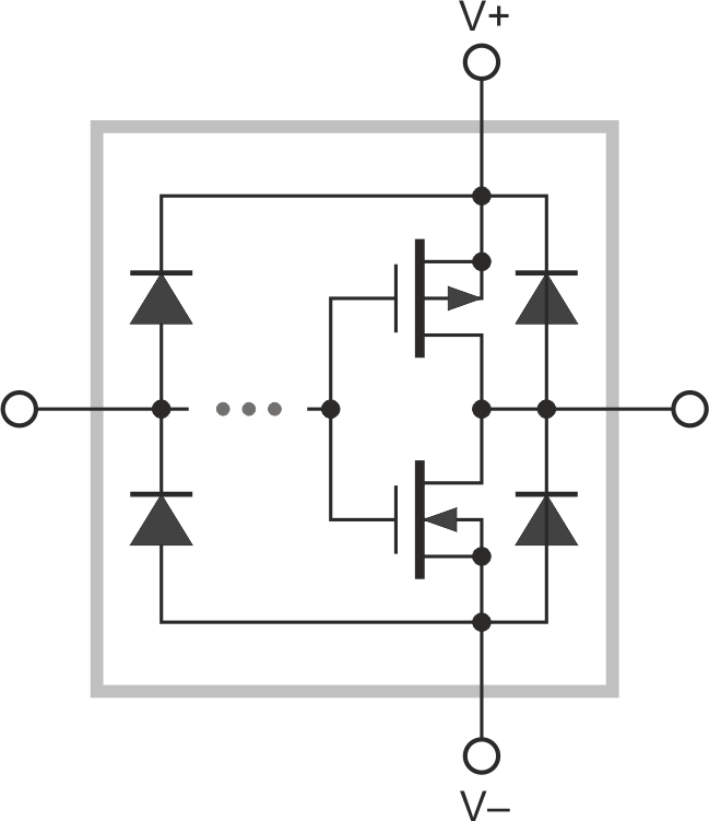 Упрощенная схема типичных входных/выходных цепей КМОП логического элемента, показывающая ограничительные диоды и комплементарную пару коммутаторов на МОП-транзисторах.