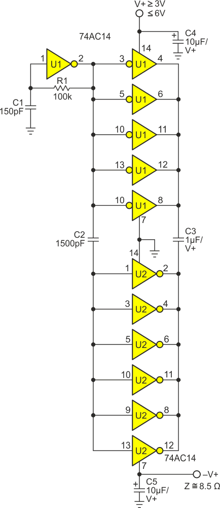 Complete voltage inverter: 100 kHz pump clock (set by R1C1), Schmidt trigger and driver (U1), and commutator (U2).