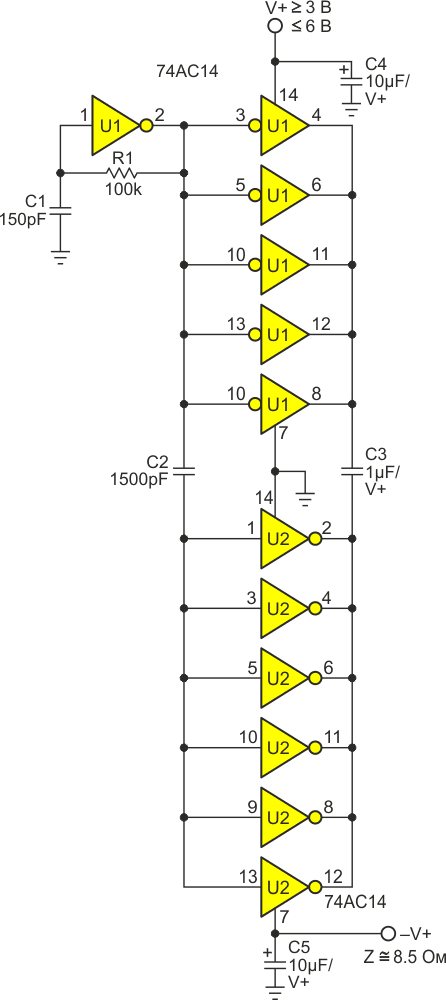 Полная схема инвертора напряжения: генератор накачки 100 кГц (частота устанавливается постоянной времени R1C1), триггер Шмитта и драйвер (U1) и коммутатор (U2).