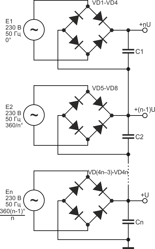 Многофазный выпрямитель на основе последовательного включения мостовых выпрямителей.