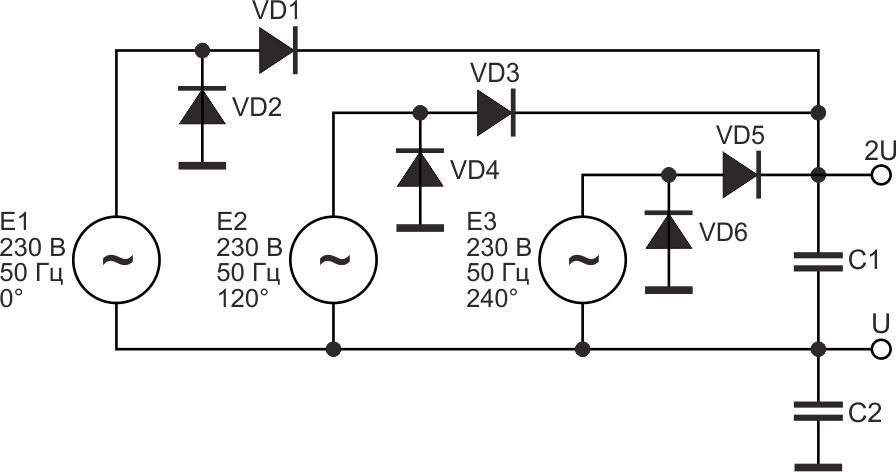 Трехфазный выпрямитель с двумя выходными напряжениями.