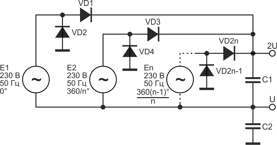 Многофазный выпрямитель с двумя выходными напряжениями.