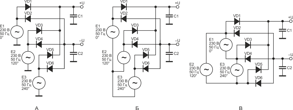 Трехфазные выпрямители с двумя выходными напряжениями: А и Б - по схеме «звезда»; В - «треугольник».