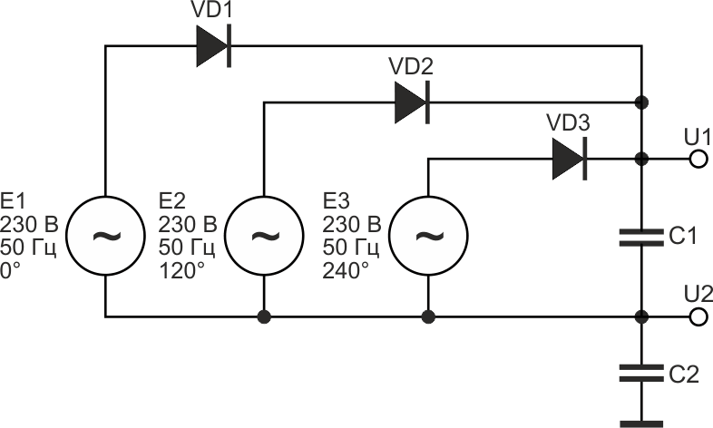 Трехфазный выпрямитель (упрощенный вариант) с двумя выходными напряжениями.
