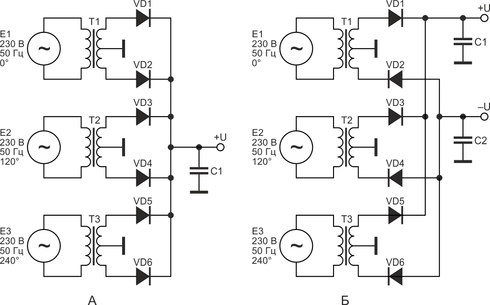 Многофазный трансформаторный двухполупериодный выпрямитель, имеющий: А - одно выходное напряжение; Б - два выходных напряжения разной полярности.