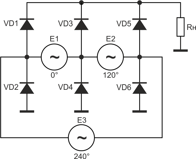 Многофазный мостовой выпрямитель с включением источников напряжения по схеме «треугольник».