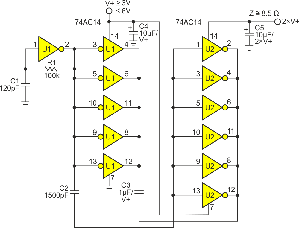 Complete voltage doubler: 100 kHz pump clock set by R1C1, Schmidt trigger, driver (U1), and commutator (U2).