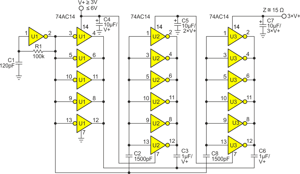 Adding four inexpensive parts suffices to triple the supply voltage.