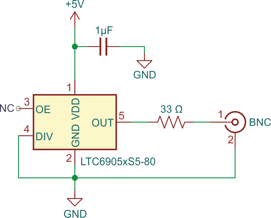 Схема генератора прямоугольных импульсов на основе микросхемы LTC6905, конденсатора, резистора и разъема BNC.
