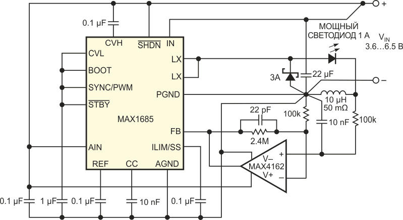 Подобно схеме на Рисунке 1, этот миниатюрный 1-амперный светодиодный драйвер работает при напряжениях от 3.6 до 6.5 В, но не требует токоизмерительного резистора.