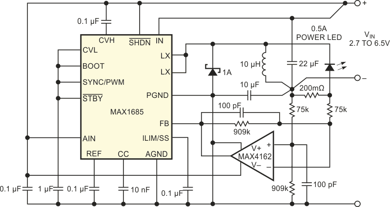 Another miniature, high-power LED driver delivers 0.5 A and operates on 2.7 to 6.5 V.