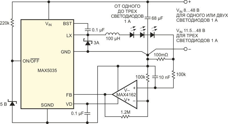 Эта миниатюрная схема драйвера светодиодов, выдающая ток 1 А, работает при напряжениях от 8 до 50 В и управляет тремя последовательно соединенными светодиодами.