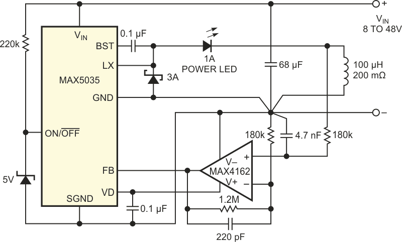 Otherwise similar to the circuit in Figure 4, this circuit requires no sense resistor.
