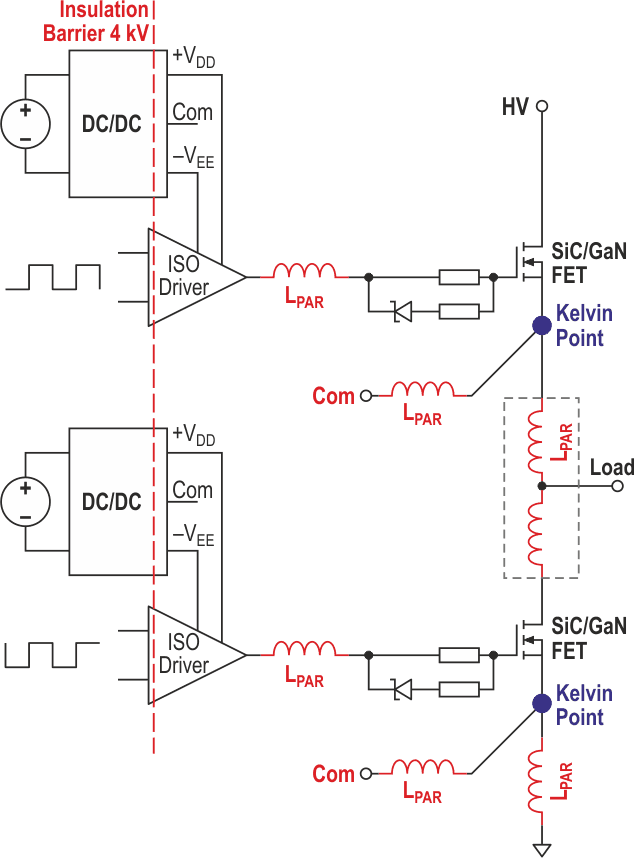 Kelvin connections and critical parasitic inductances in a half-bridge configuration.