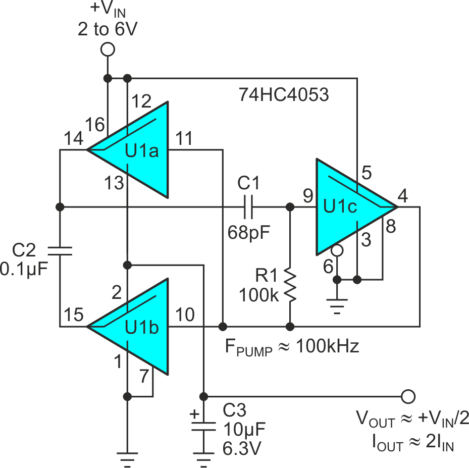 xx4053 based, 100 kHz, voltage-halving, current-doubling charge pump.